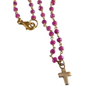 18” 18K Gold Pink Sapphire Beaded Cross Necklace
